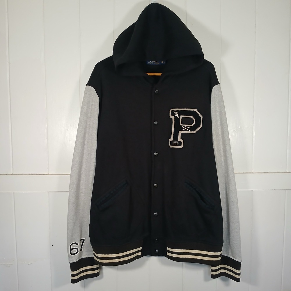 Polo Ralph Lauren P Wing Varsity Jacket Mens XL Black Grey Letterman Hooded Snap